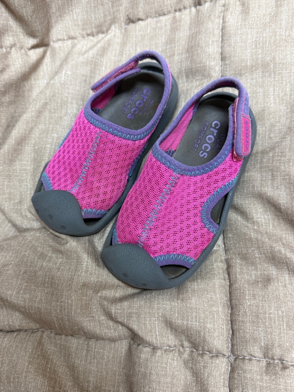 CROCS Kids Girls Pink and Purple Mesh Velcro Strap Water Shoes Dual Comfort 8
